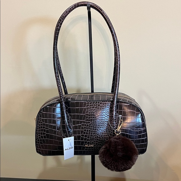 Aldo | Rich Brown Croc-Embossed Shoulder Bag w/ Bag Charm - Picture 1 of 15